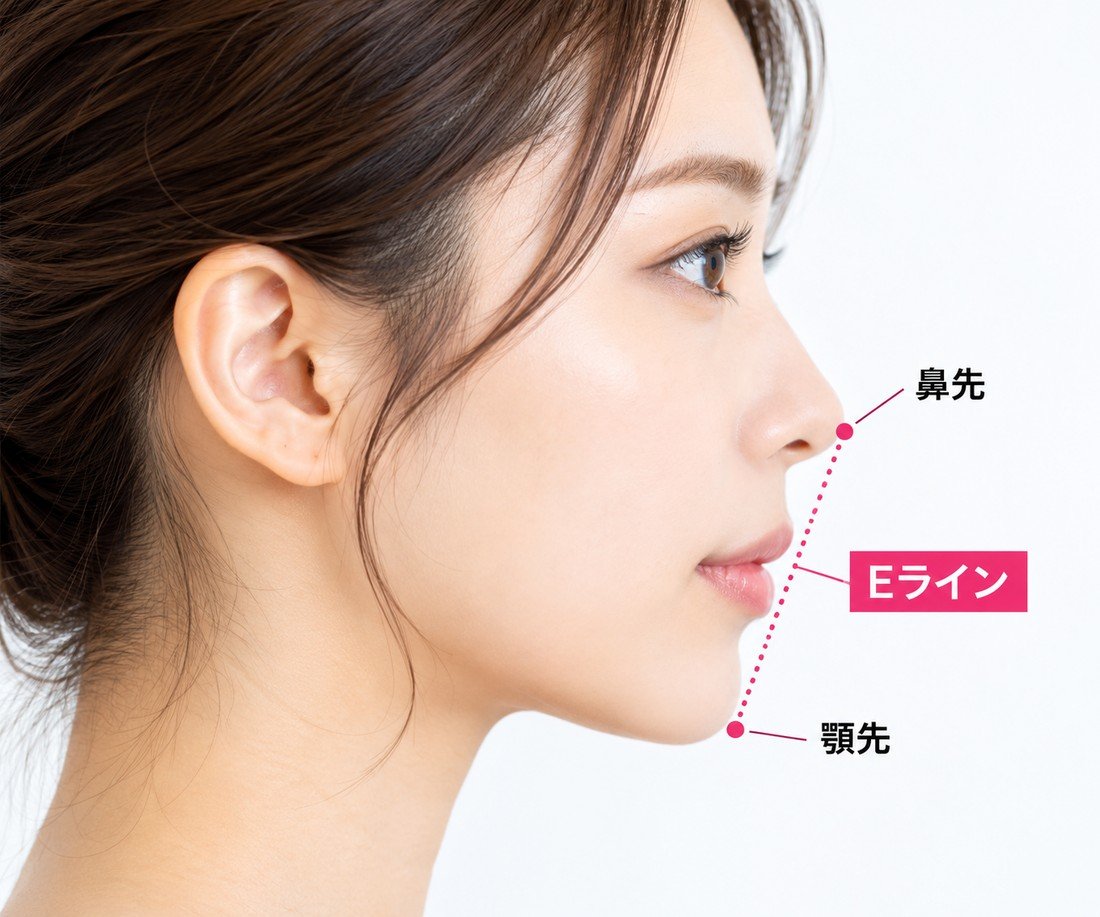 横顔の鼻先と顎先を点線で結んだEラインの図